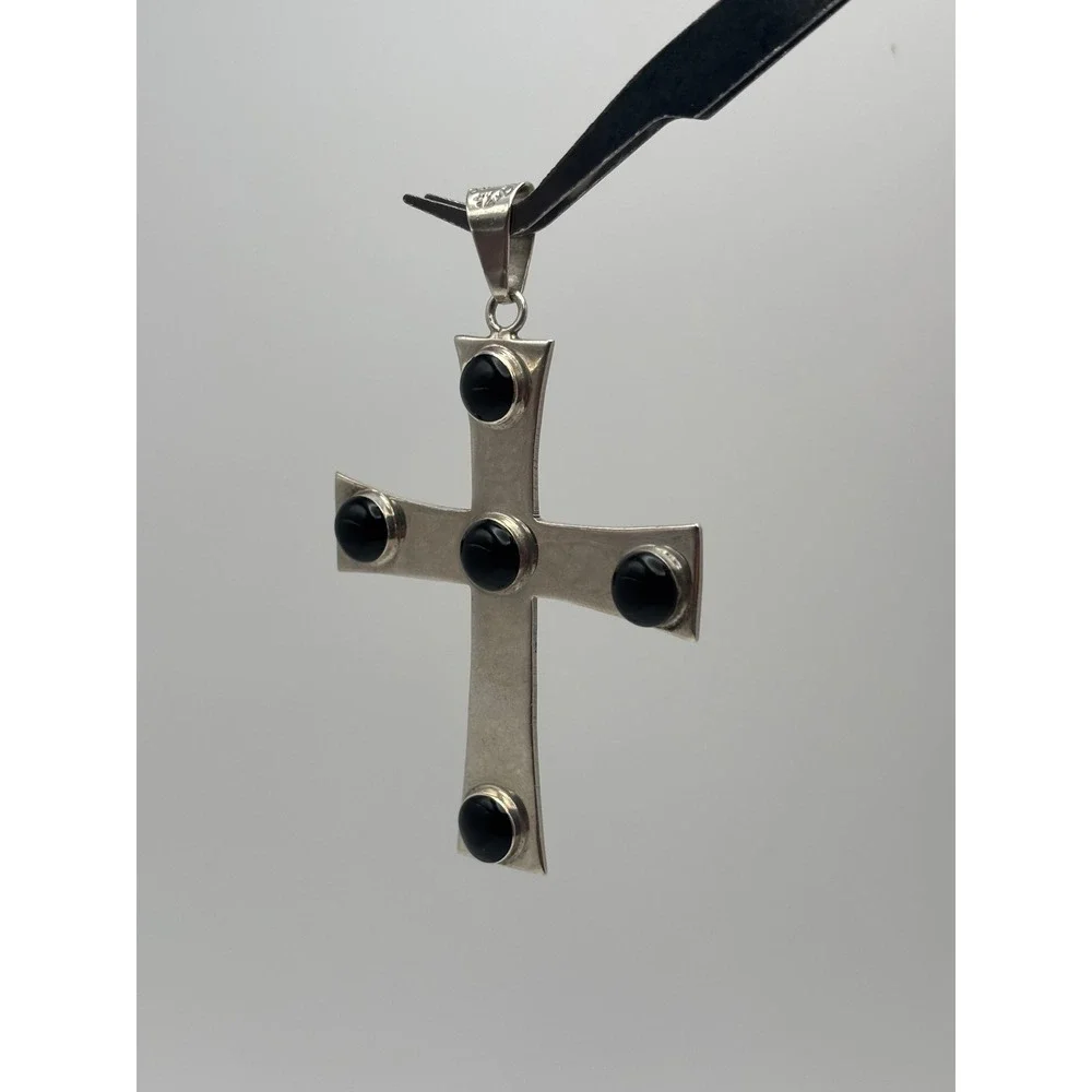 Large VTG Taxco Mexico 925 Sterling Silver 925 Black Onyx Cross Pendant